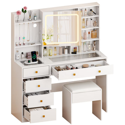 Large 47.2" Makeup Vanity with 3 Color Lights, Vanity Desk with USB Charging Station, Vanity Makeup Table with Visible Drawers, Hidden and Open Storage Shelves, White
