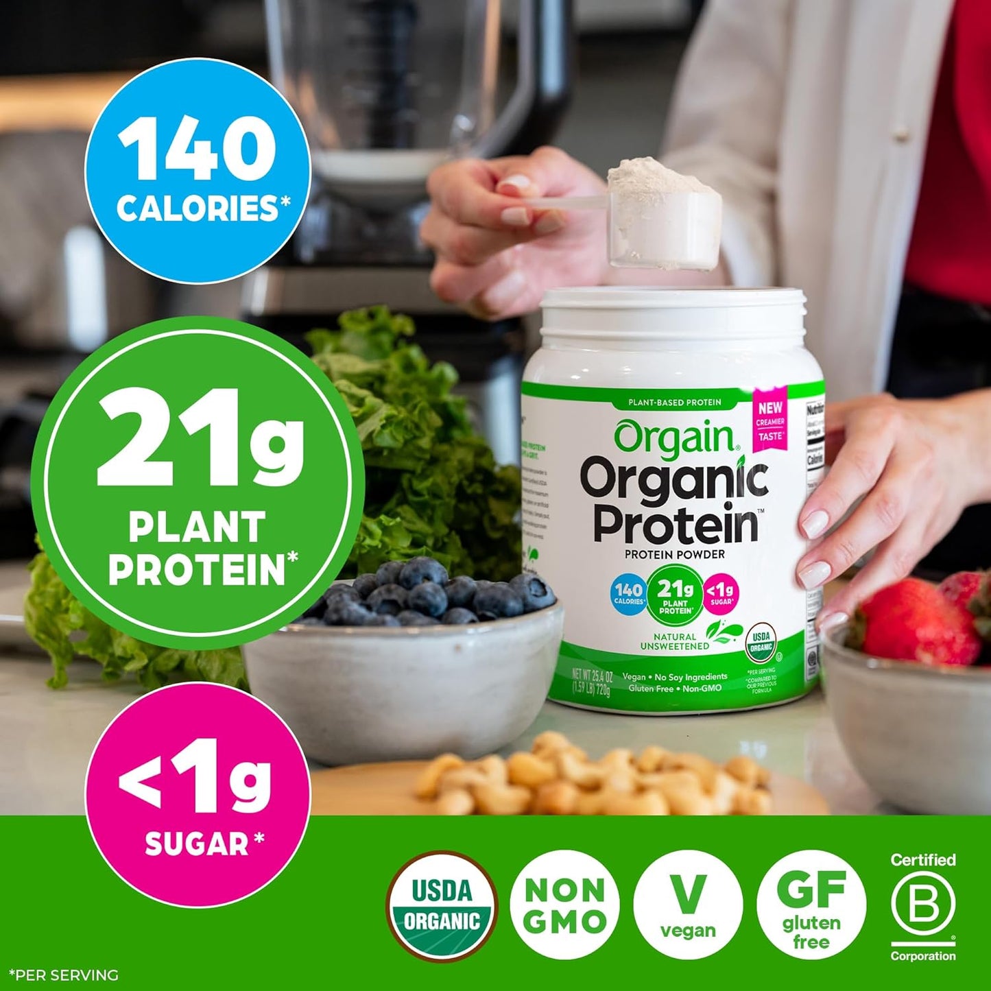 Organic Vegan Protein Powder, Natural Unsweetened - 21G of Unflavored Plant Protein, 4G Prebiotic Fiber, Low Net Carbs, No Added Sugar, Non-Gmo, for Shakes & Recipes, 1.59 Lb