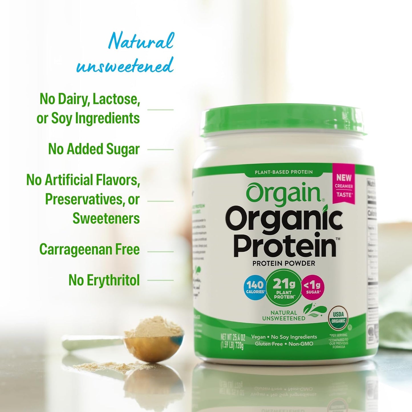 Organic Vegan Protein Powder, Natural Unsweetened - 21G of Unflavored Plant Protein, 4G Prebiotic Fiber, Low Net Carbs, No Added Sugar, Non-Gmo, for Shakes & Recipes, 1.59 Lb