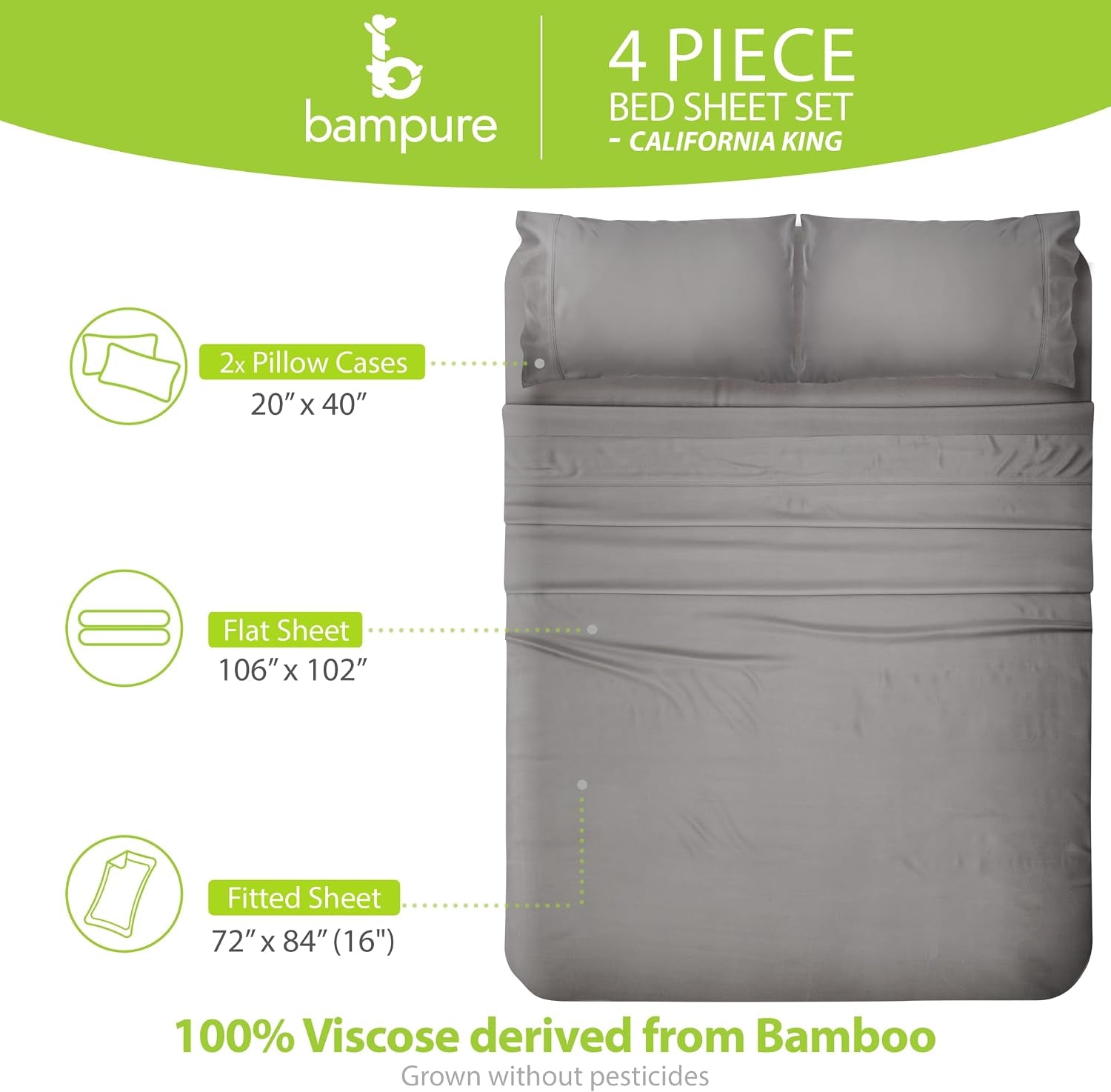 100% Rayon from Bamboo Sheets California King - 4Pc Cooling Sheets | Breathable, Viscose Bamboo Cooling California King Sheet Sets - up to 16" Deep Pocket Ultra Soft Hotel Luxury Bed Sheets Gray